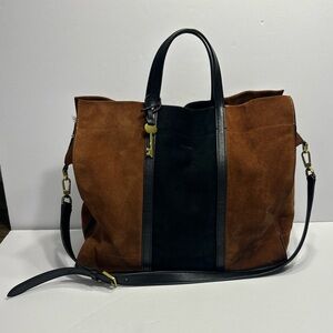 Fossil Carmen Shopper Tote Satchel Brown Black Genuine Leather Suede Key Charm